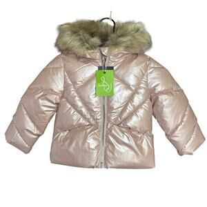 SAM EDELMAN METALLIC SUNBEAM QUILT PUFFER JACKET 3T Faux Fur Pink Girls NWT